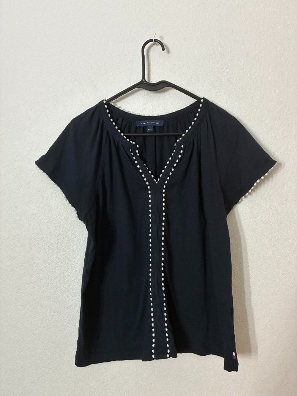 Tommy Hilfiger Navy Blue White Pom Pom Trim Peasant Blouse Top L